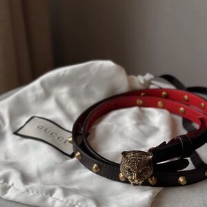 New Authentic Gucci Studded Leather Belt Feline Tiger Head Leather Made In Italy